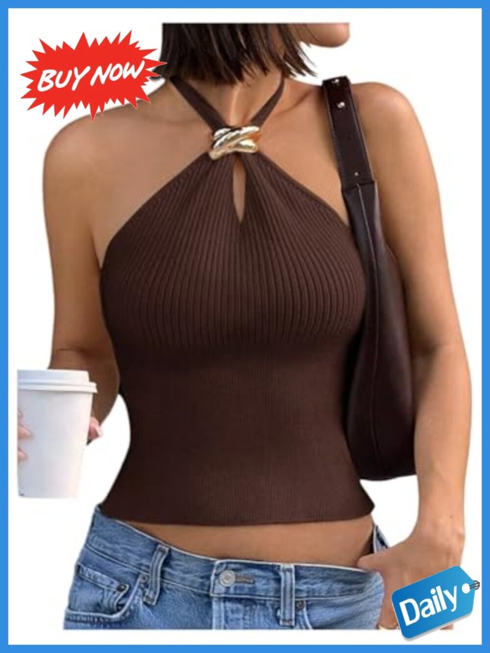 Verdusa Women's Knit Halter Crop Top Sleeveless Racerback Slim Fit